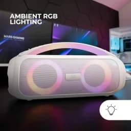 Altavoz Mars Gaming MS-Pulse RGB Sumergible 10m 50W 8h Bluetooth 5.3 Blanco, en uso: iluminación RGB ambiental encendida