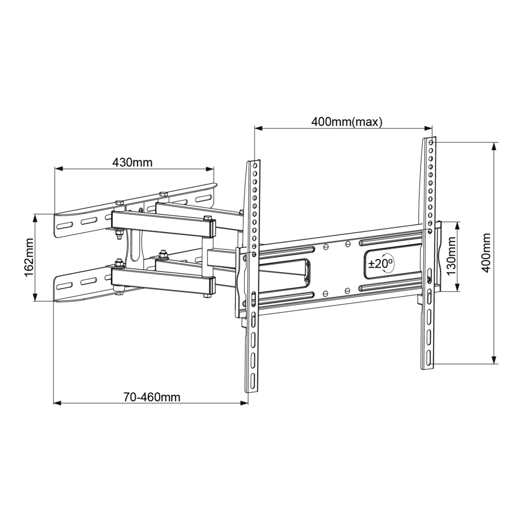 Soporte TV UNYKAch 1280 Negro Pared Articulado ±10° 32-55 pulgadas, diagrama técnico: cotas brazo 430mm, extensión 70-460mm