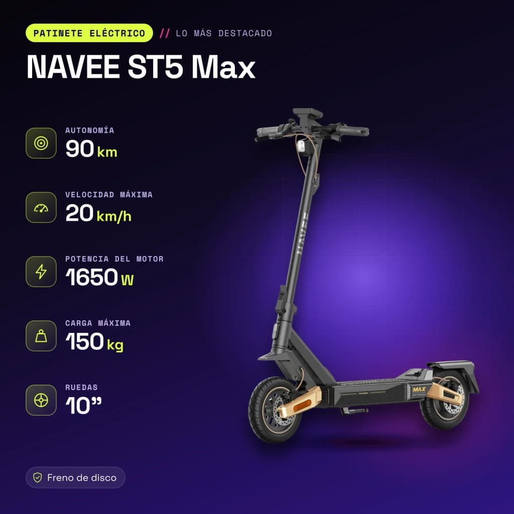 Patinete eléctrico NAVEE ST5 Max 1650W 90km 20km/h 10 pulgadas Negro - características