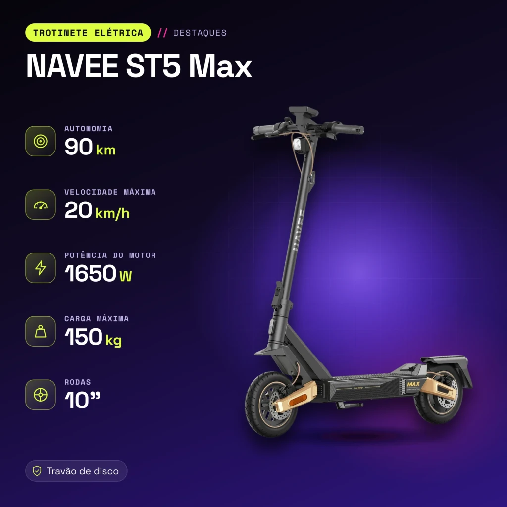 Patinete eléctrico NAVEE ST5 Max 1650W 90km 20km/h 10 pulgadas Negro - características