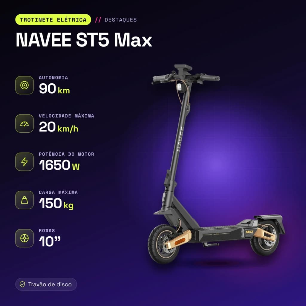 Patinete eléctrico NAVEE ST5 Max 1650W 90km 20km/h 10 pulgadas Negro - características