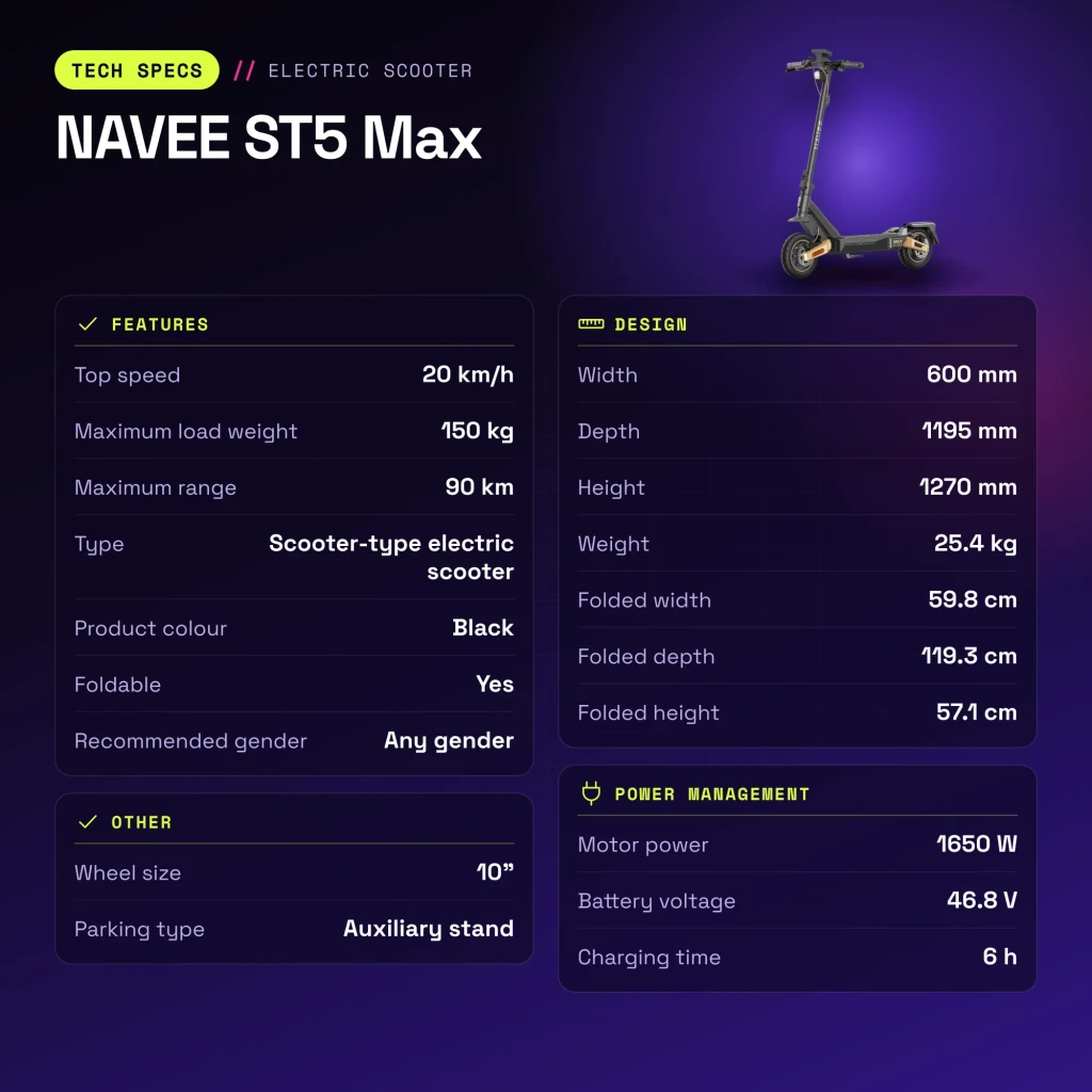 Patinete eléctrico NAVEE ST5 Max 1650W 90km 20km/h 10 pulgadas Negro - características