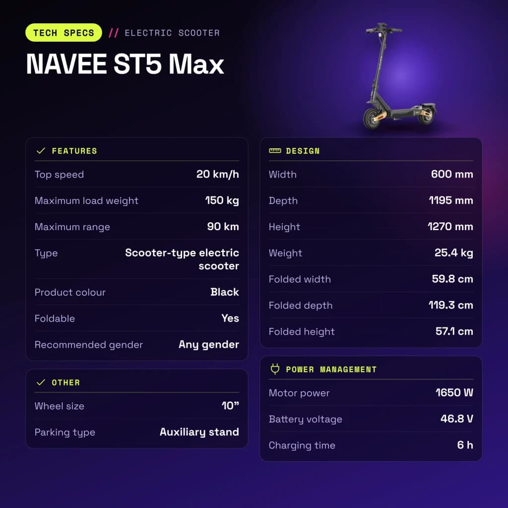 Patinete eléctrico NAVEE ST5 Max 1650W 90km 20km/h 10 pulgadas Negro - características