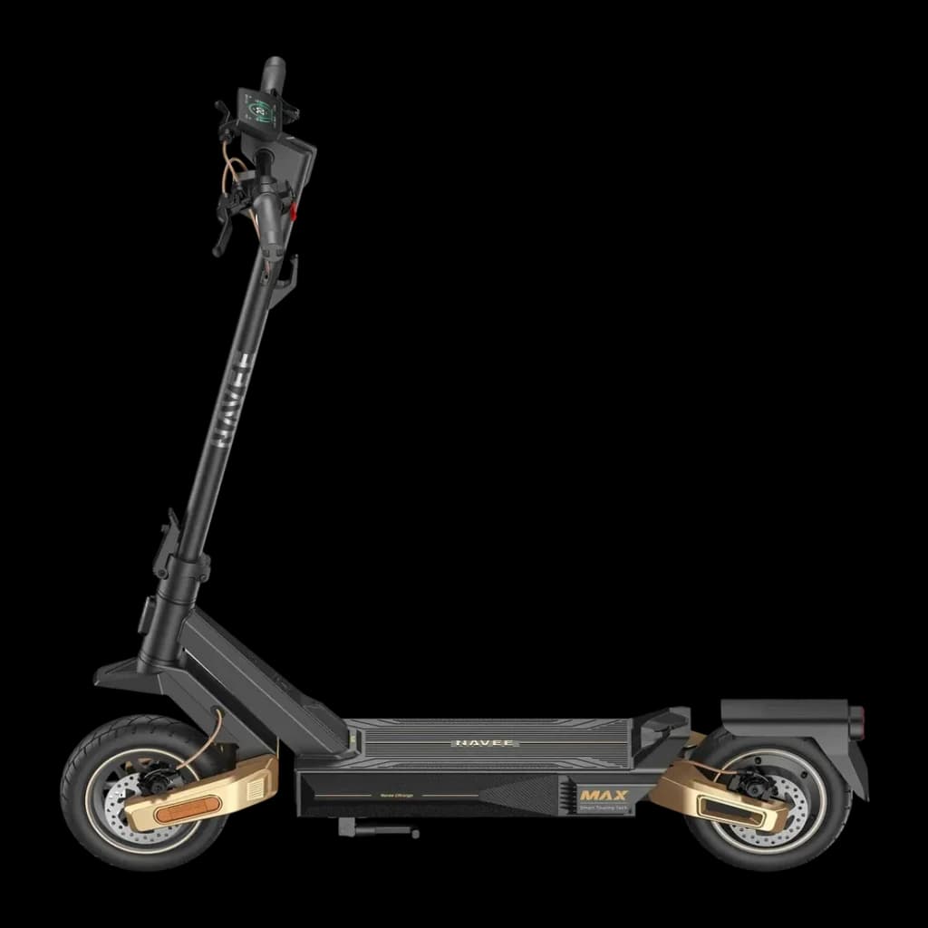 Patinete eléctrico NAVEE ST5 Max 1650W 90km 20km/h 10 pulgadas Negro, detalle: vista lateral completa con acentos dorados