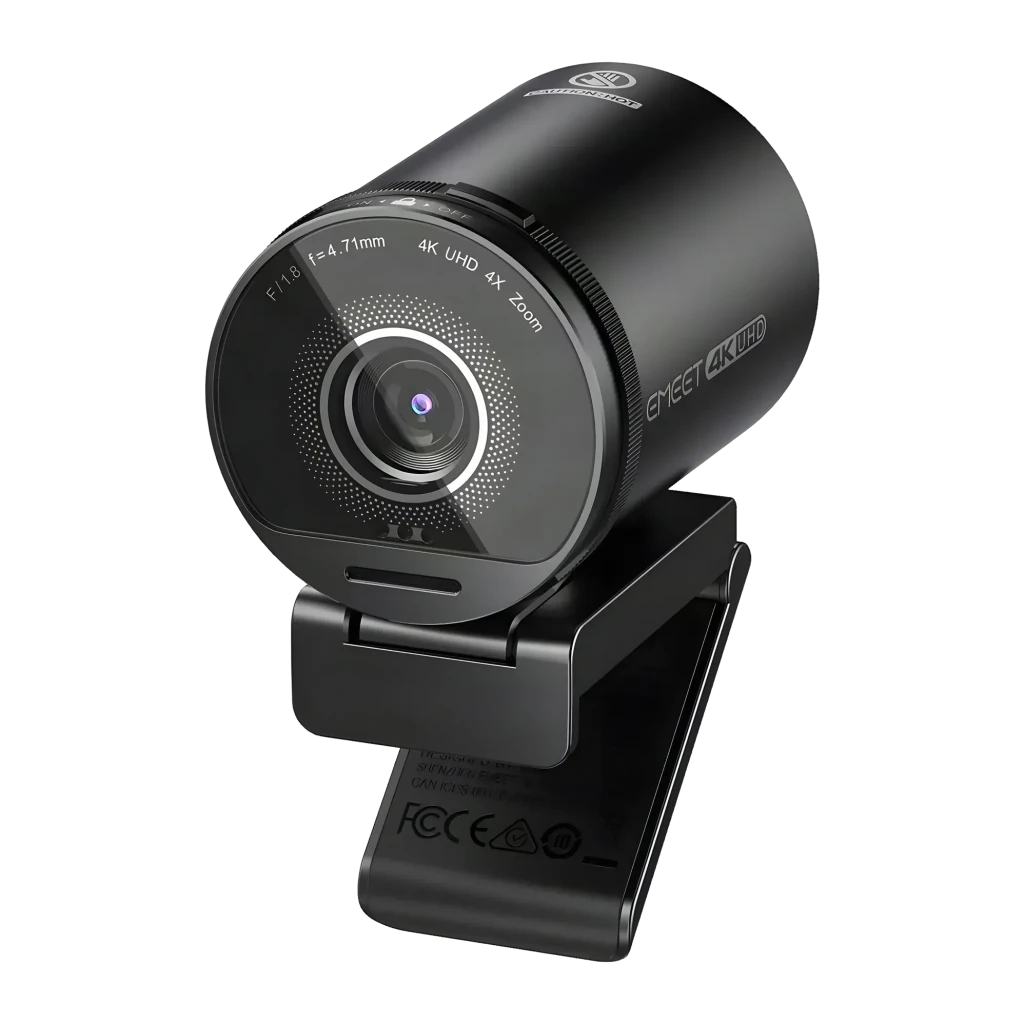 Webcam eMeet SmartCam S800 4K Noir, vue de face: objectif central avec anneau métallique, inscription 4K UHD 4X Zoom