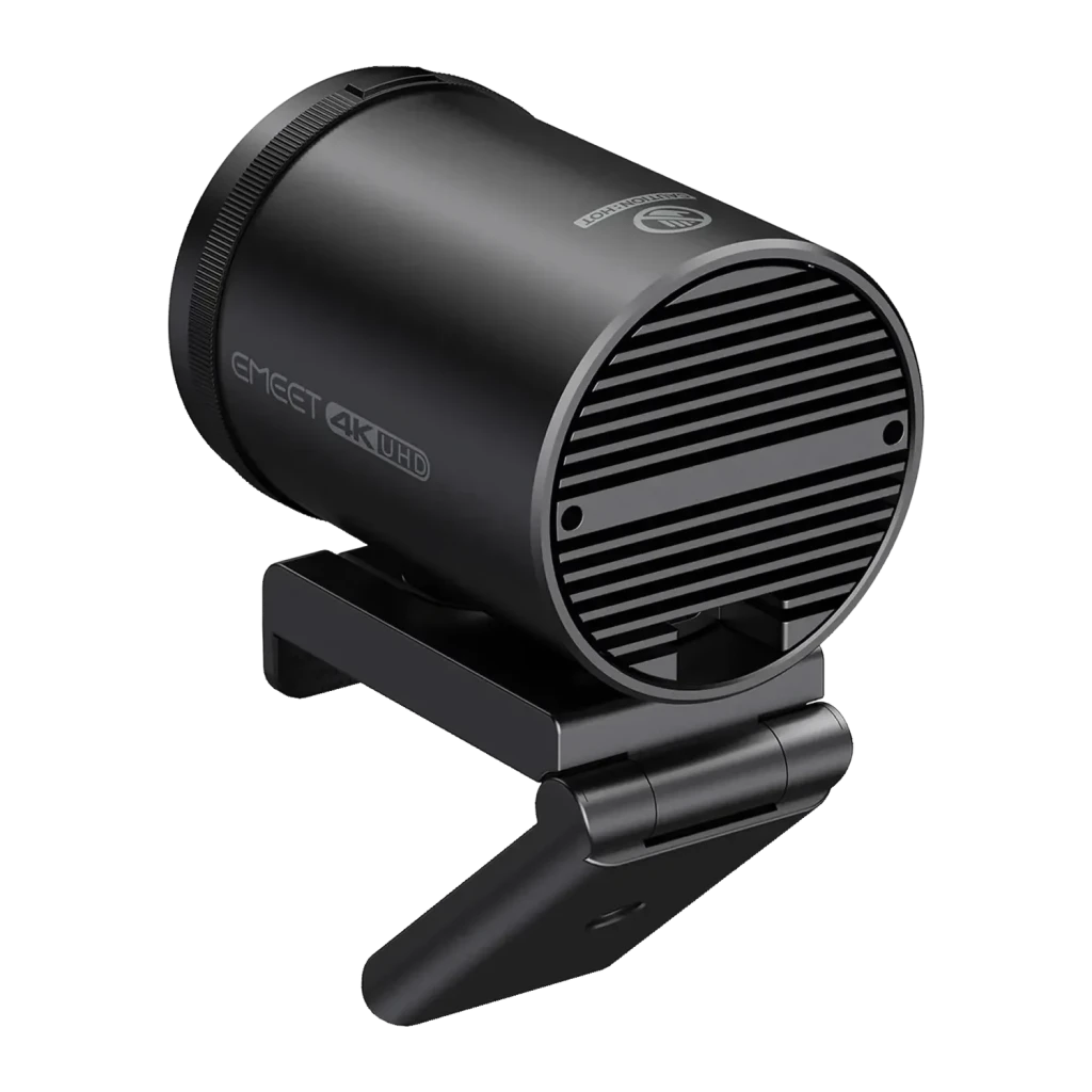 Webcam eMeet SmartCam S800 4K Noir, vue arrière: grille de ventilation arrière, corps cylindrique et support articulé