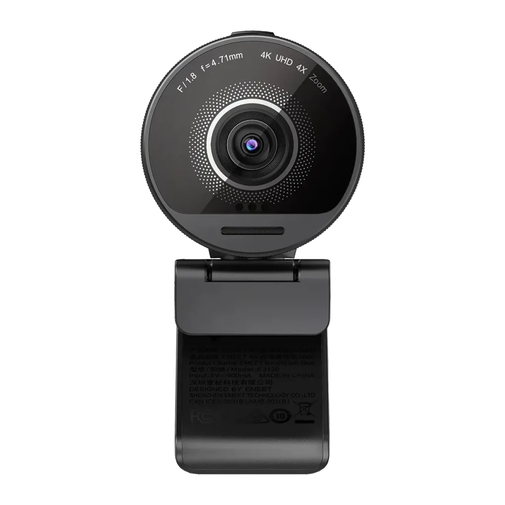 Webcam eMeet SmartCam S800 4K Noir, détail avant: objectif F/1.8 4.71mm avec anneau, texte 4K UHD 4X Zoom et clip