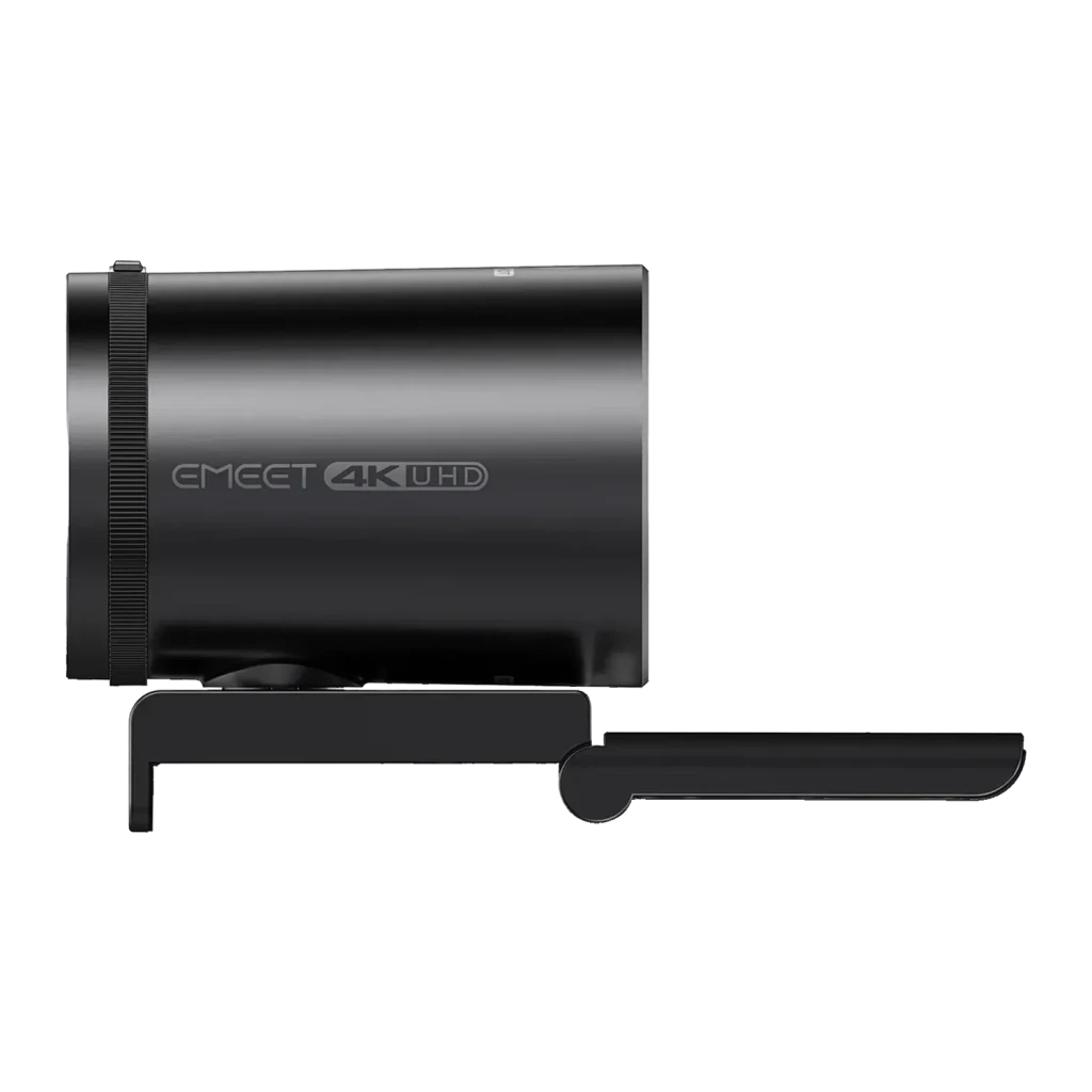 Webcam eMeet SmartCam S800 4K Noir, détail latéral: corps cylindrique avec logo EMEET 4K UHD et support clip
