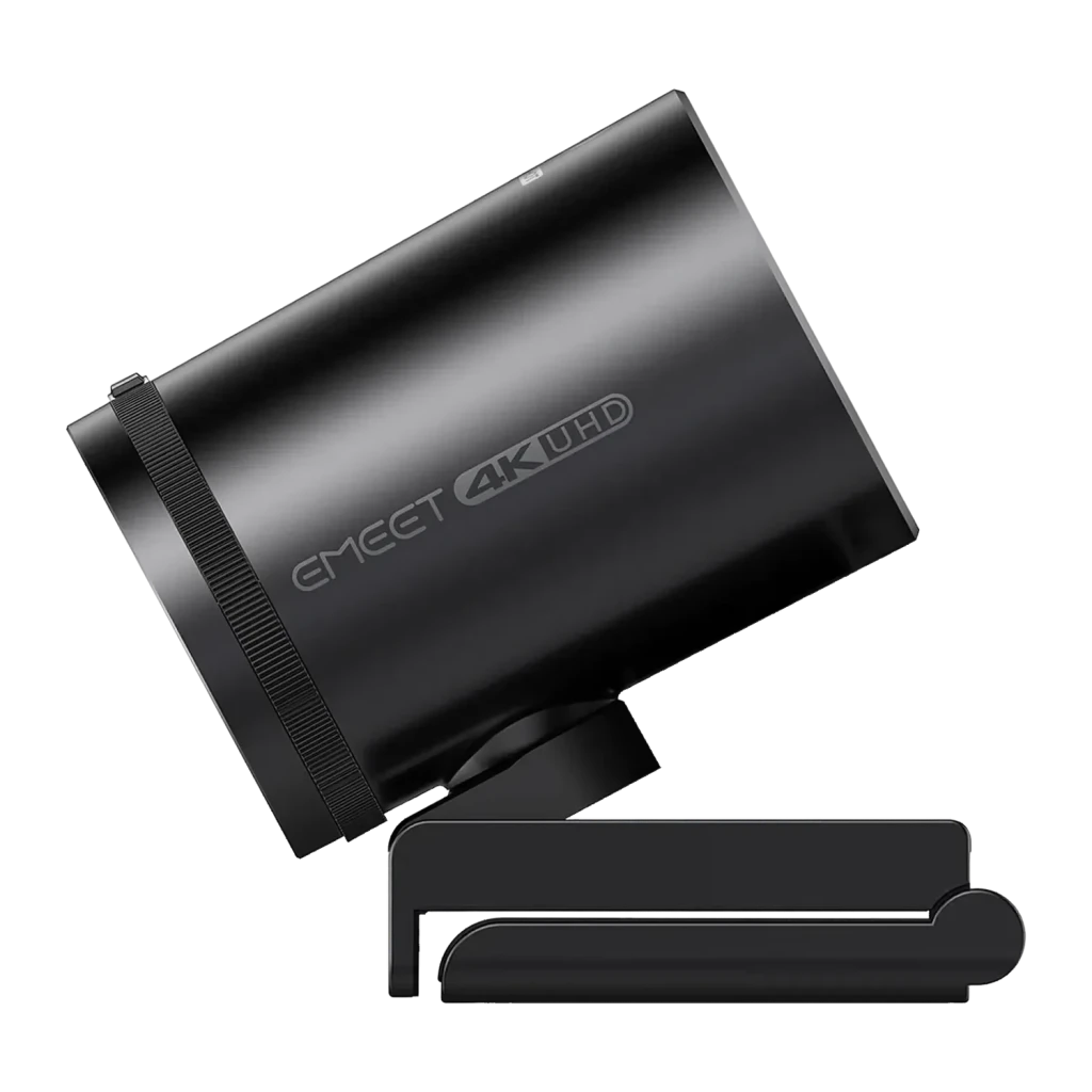 Webcam eMeet SmartCam S800 4K Noir, détail latéral: corps cylindrique avec logo eMeet 4K UHD et support clip