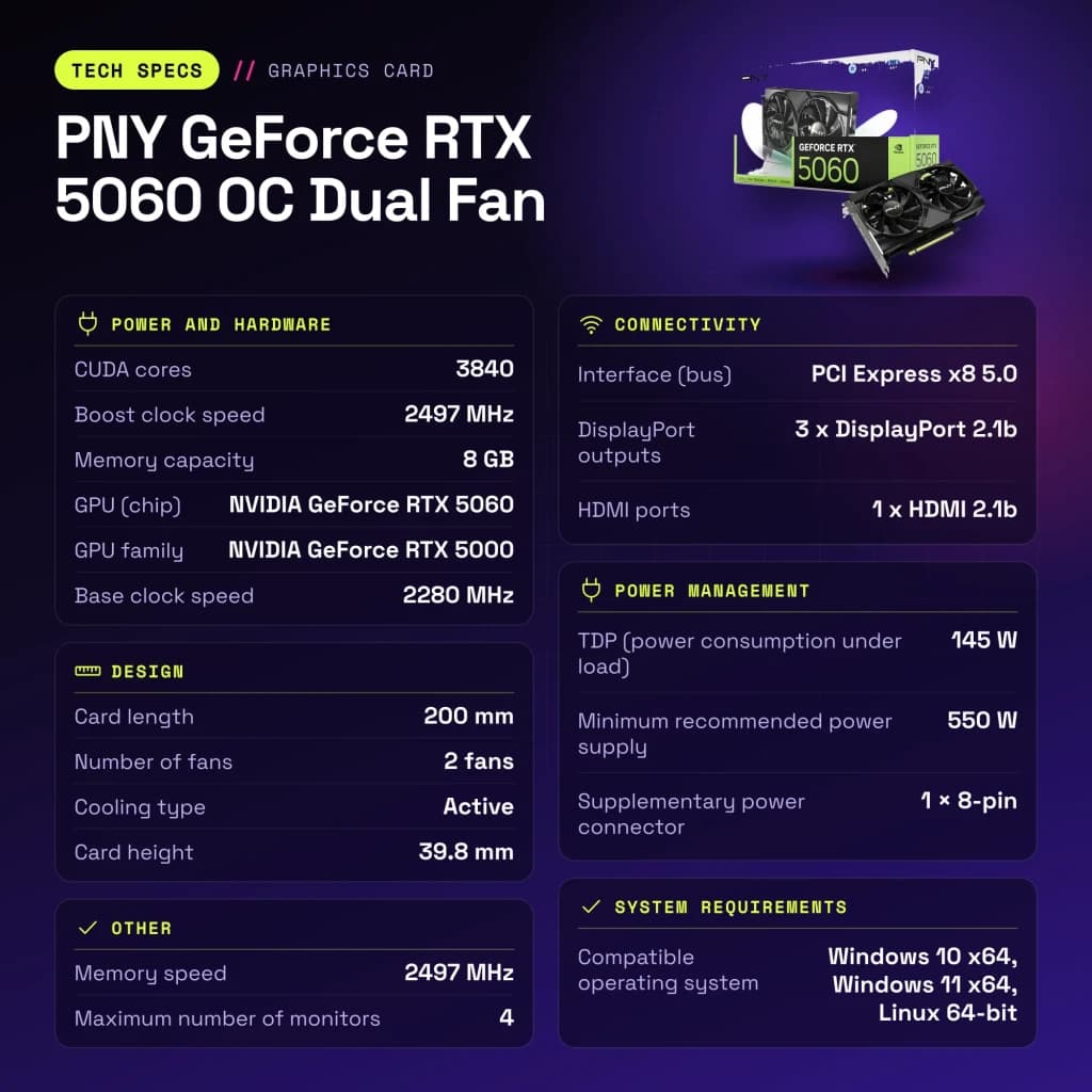 PNY GeForce RTX 5060 OC Dual Fan 8GB GDDR7 Negro - características