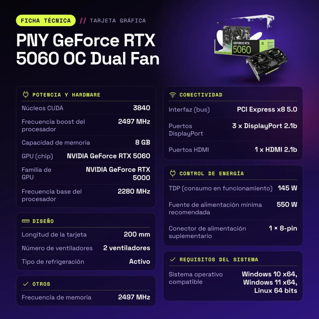PNY GeForce RTX 5060 OC Dual Fan 8GB GDDR7 Negro - características