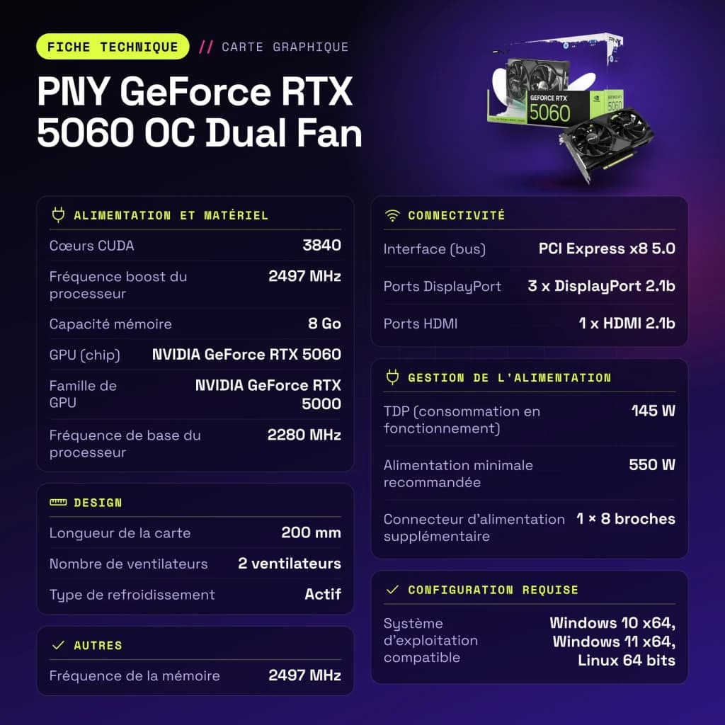 PNY GeForce RTX 5060 OC Dual Fan 8GB GDDR7 Negro - características