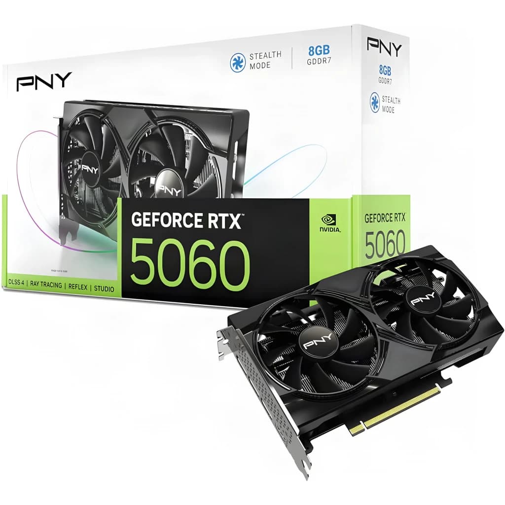 PNY GeForce RTX 5060 OC Dual Fan 8GB GDDR7 Negro, contenido de la caja: tarjeta gráfica negra con dos ventiladores y caja