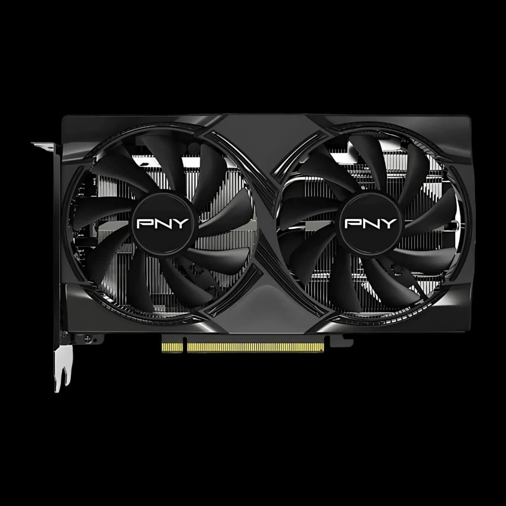 PNY GeForce RTX 5060 OC Dual Fan 8GB GDDR7 Negro, detalle frontal: dos ventiladores con logo PNY y disipador de aletas