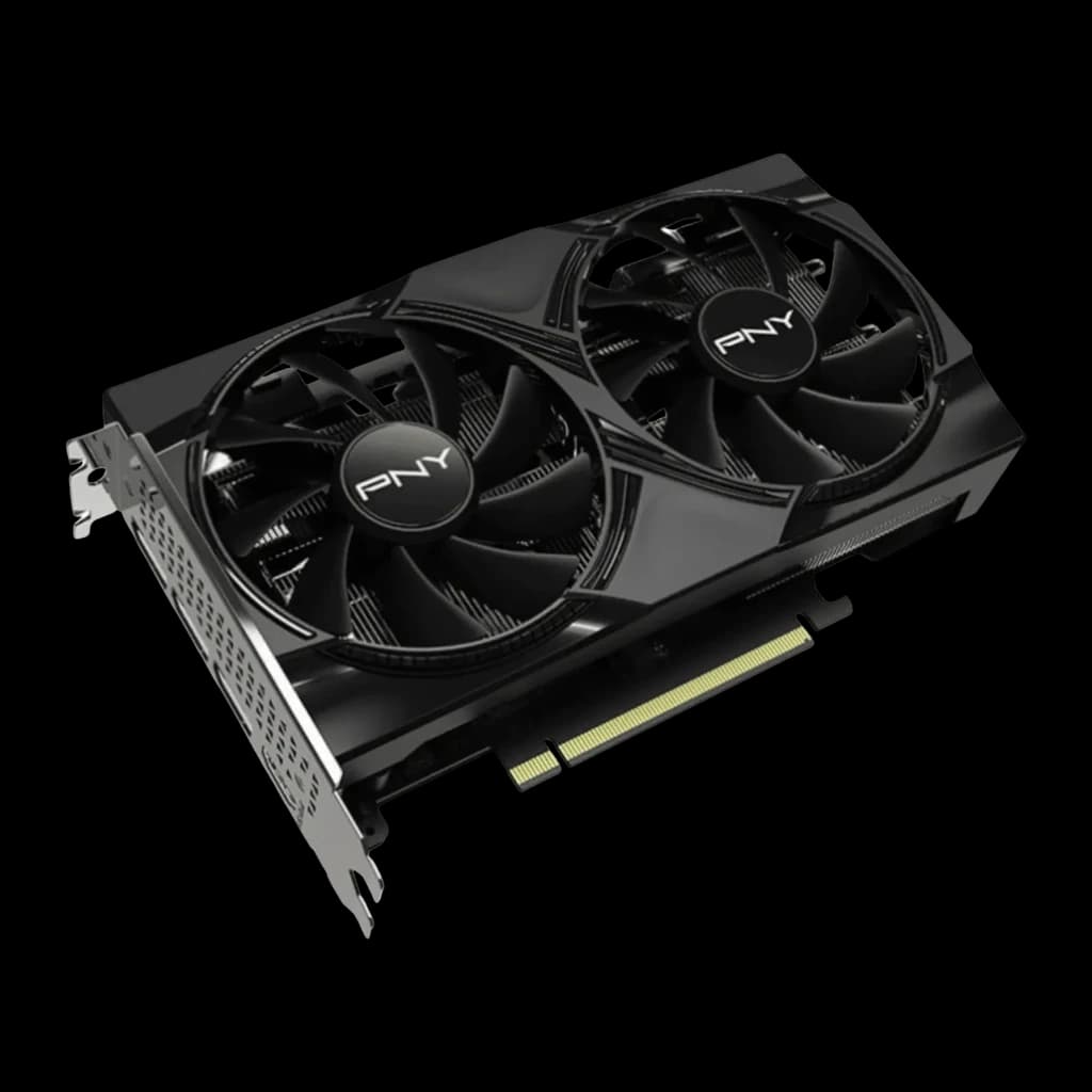 PNY GeForce RTX 5060 OC Dual Fan 8GB GDDR7 Negro, vista frontal: dos ventiladores con logo PNY, bracket lateral y conector