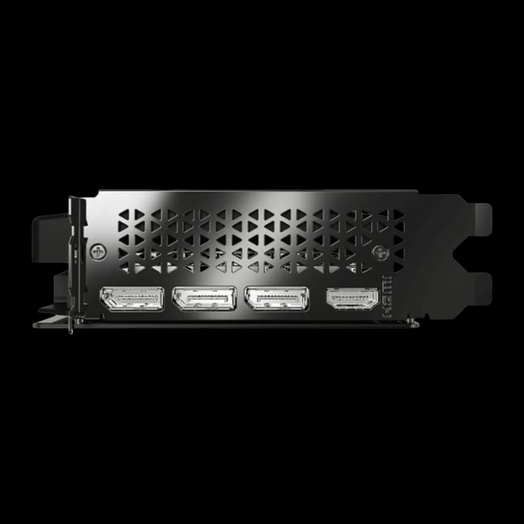 PNY GeForce RTX 5060 OC Dual Fan 8GB GDDR7 Negro, detalle: bracket con rejilla y 3 puertos DisplayPort más 1 HDMI