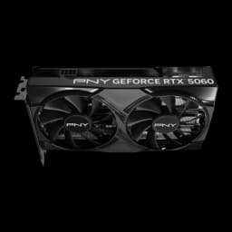 PNY GeForce RTX 5060 OC Dual Fan 8GB GDDR7 Negro, detalle frontal: dos ventiladores con logo PNY y conector de alimentación