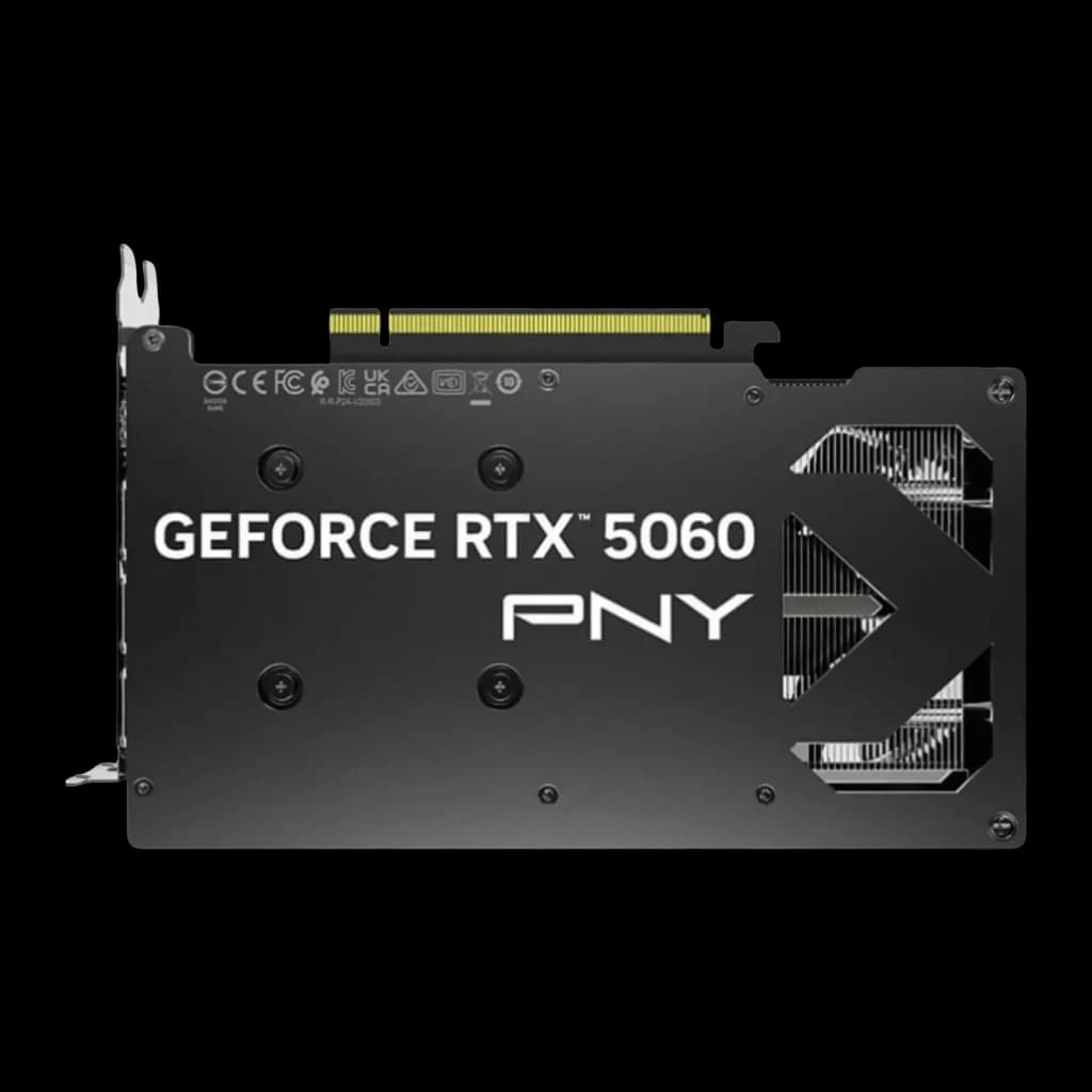 PNY GeForce RTX 5060 OC Dual Fan 8GB GDDR7 Negro, vista trasera: backplate negro con logo GeForce RTX 5060 y PNY, ventana