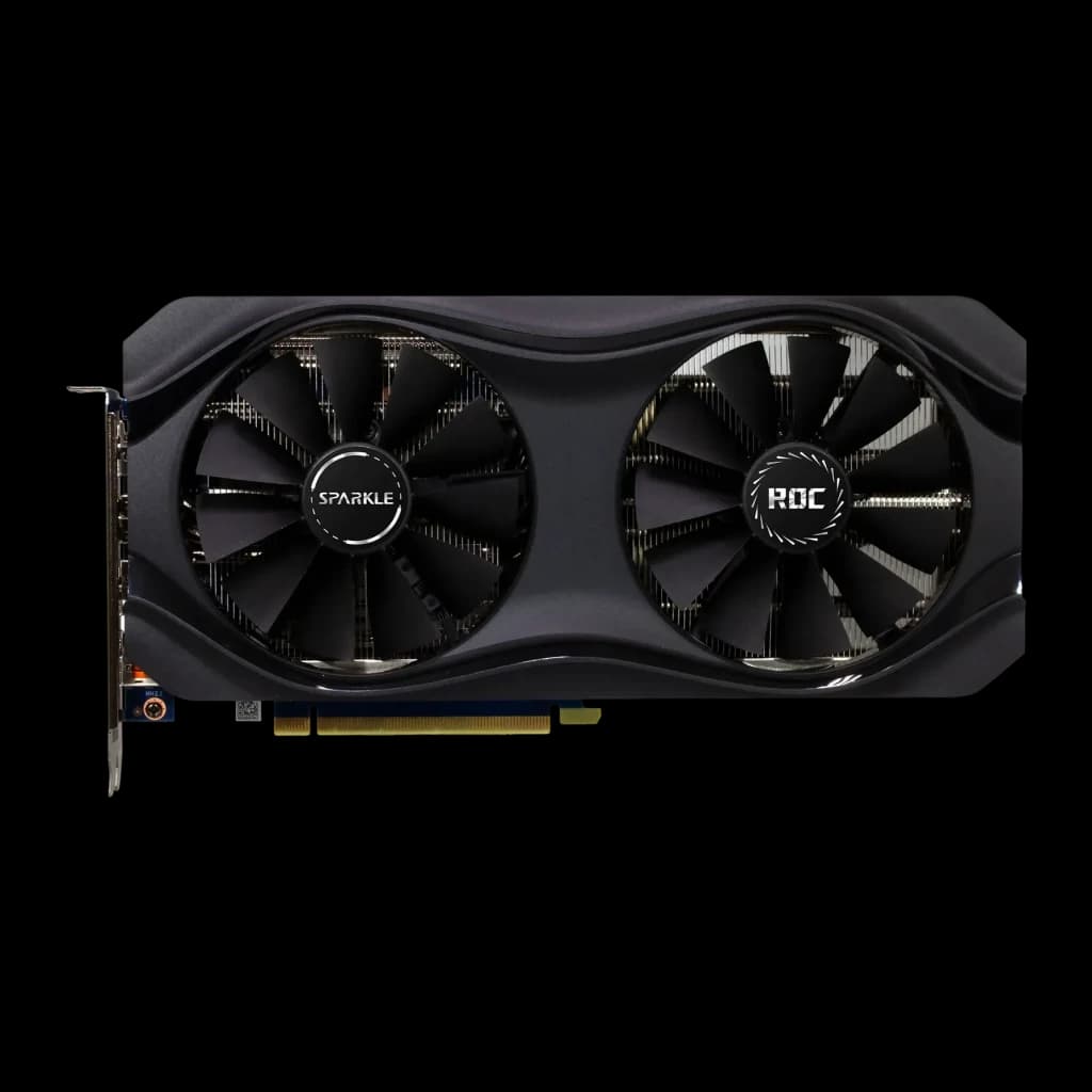 SPARKLE Arc A770 ROC OC Edition 16GB GDDR6 Negro, vista frontal: shroud negro con dos ventiladores, logos SPARKLE y ROC