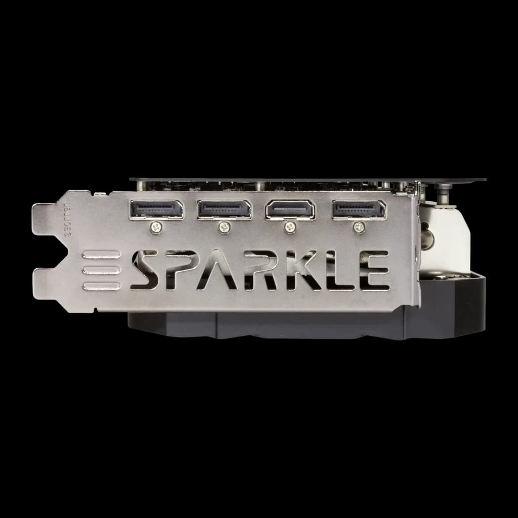 SPARKLE Arc A770 ROC OC Edition 16GB GDDR6 Negro, detalle: bracket metálico con logo SPARKLE, 3 DisplayPort y 1 HDMI