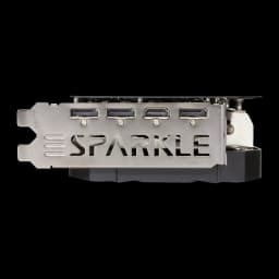SPARKLE Arc A770 ROC OC Edition 16GB GDDR6 Negro, detalle: bracket metálico con logo SPARKLE, 3 DisplayPort y 1 HDMI