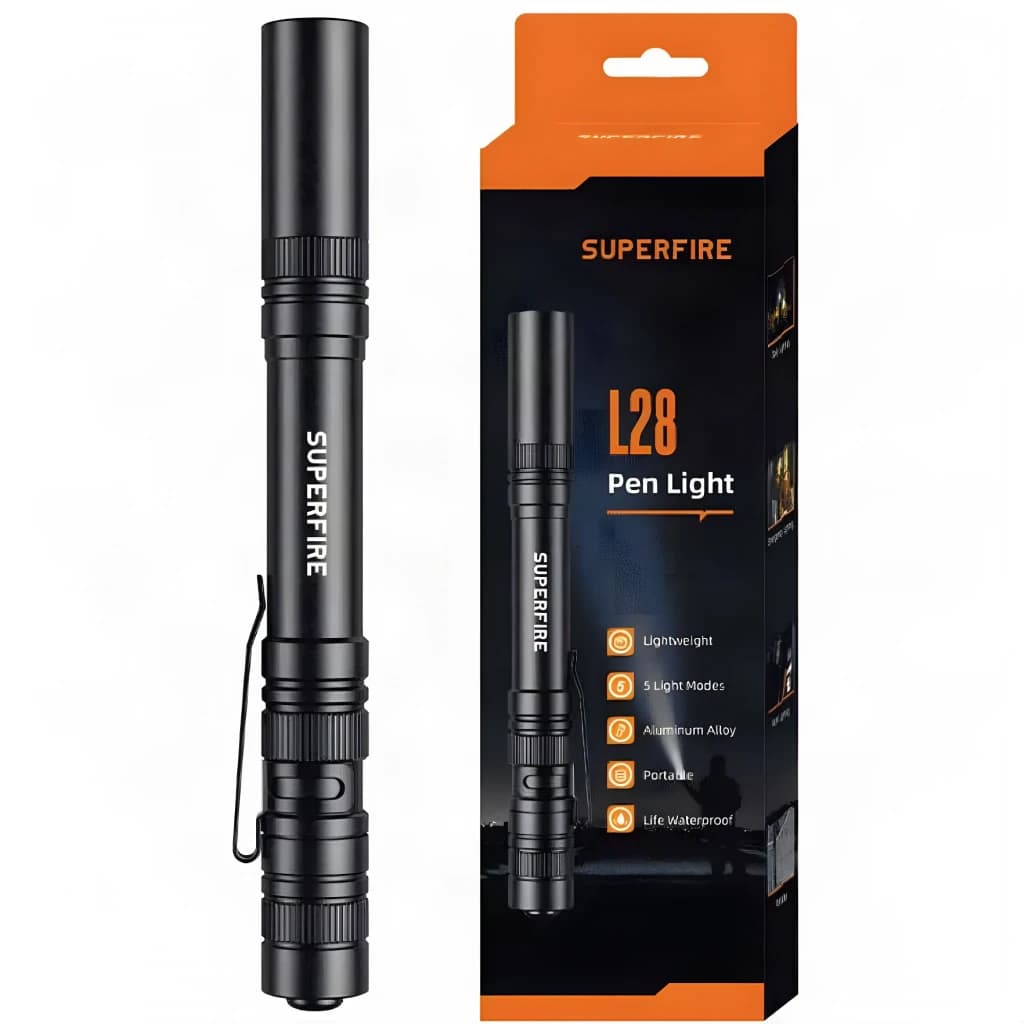 Lanterna LED Superfire L28 Preto 121 lúmens 52 m 5 modos + SOS, conteúdo da caixa: lanterna tipo caneta com clip e caixa