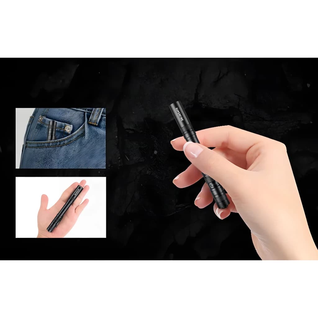 Lanterna LED Superfire L28 Preto 121 lúmens 52 m 5 modos + SOS, em uso: mão segurando, clipe em bolso jeans e tamanho