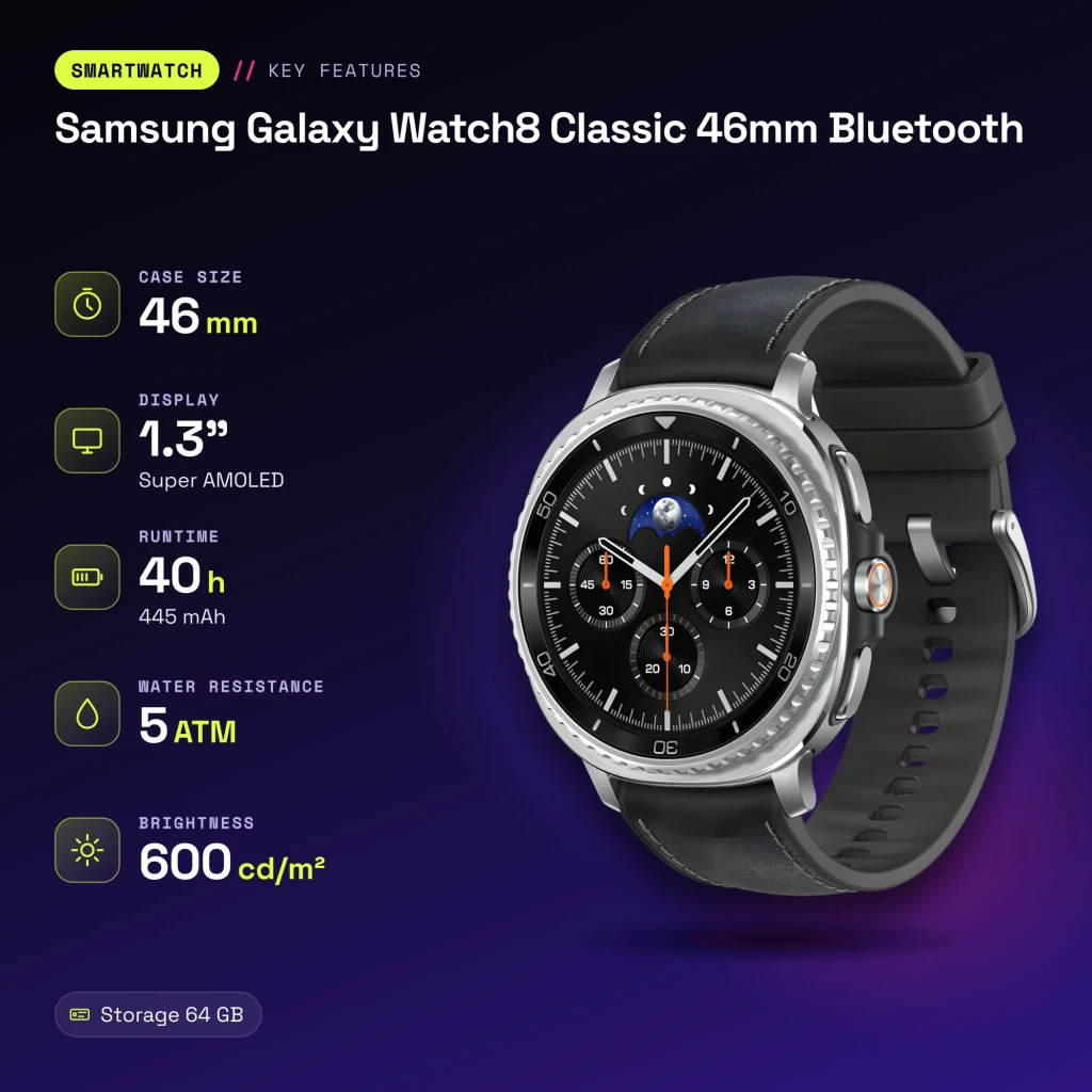 Samsung Galaxy Watch8 Classic 46mm Bluetooth Preto NFC - características