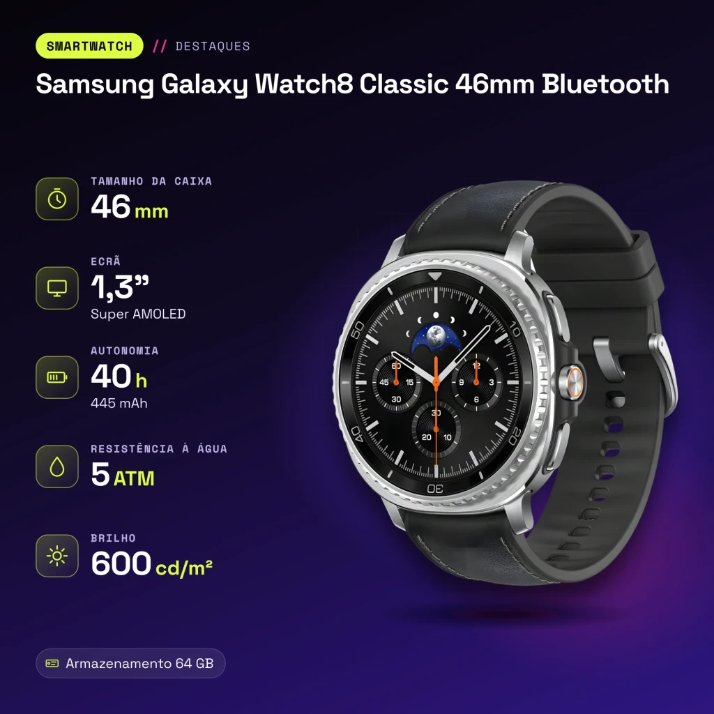 Samsung Galaxy Watch8 Classic 46mm Bluetooth Preto NFC - características