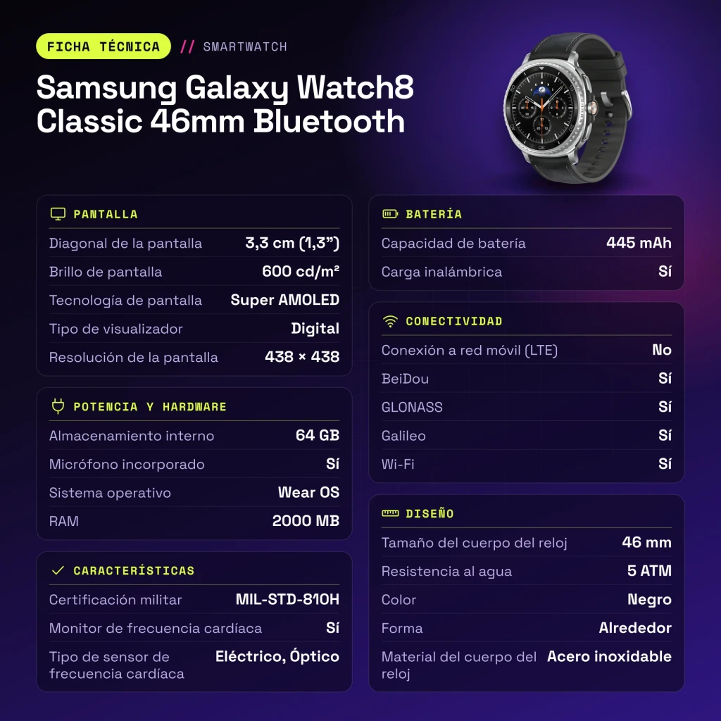 Samsung Galaxy Watch8 Classic 46mm Bluetooth Preto NFC - características