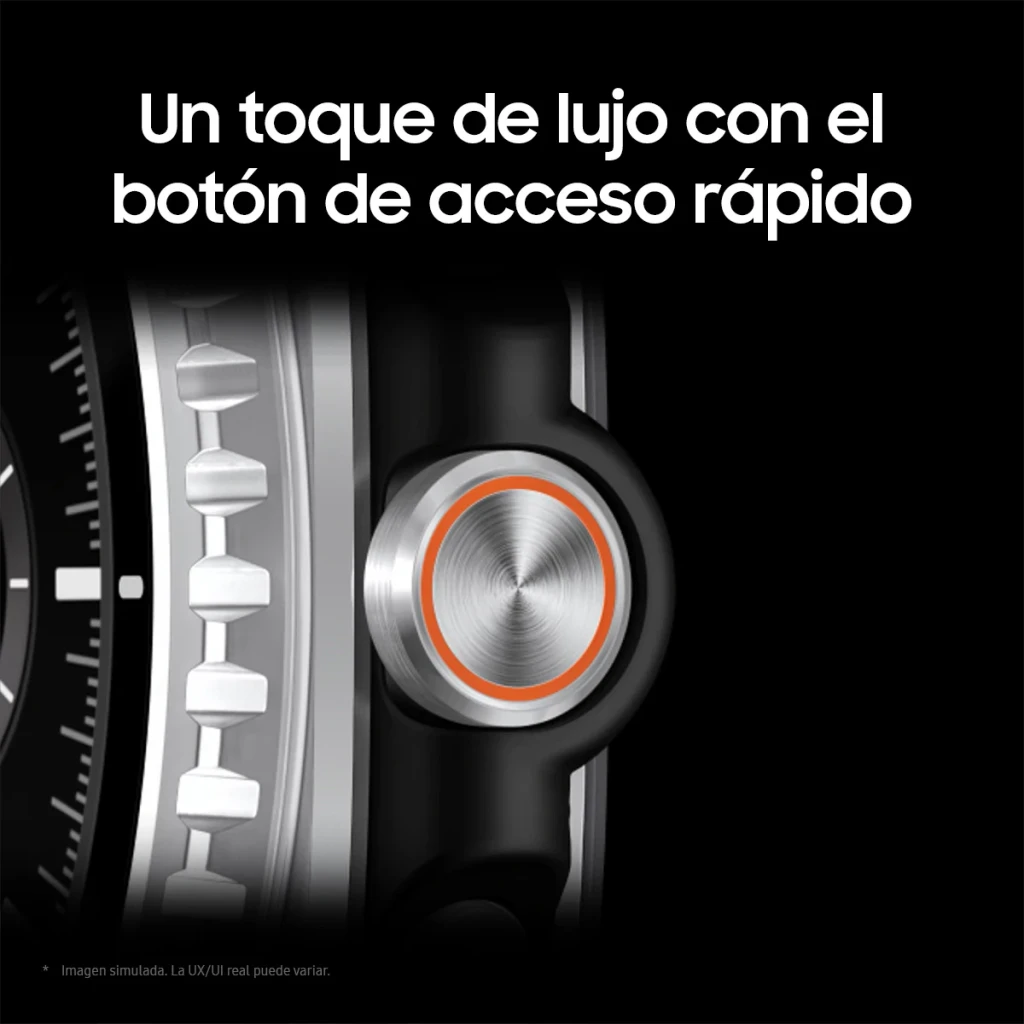 Samsung Galaxy Watch8 Classic 46mm Bluetooth Preto NFC, detalhe lateral: botão de acesso rápido prateado com aro laranja