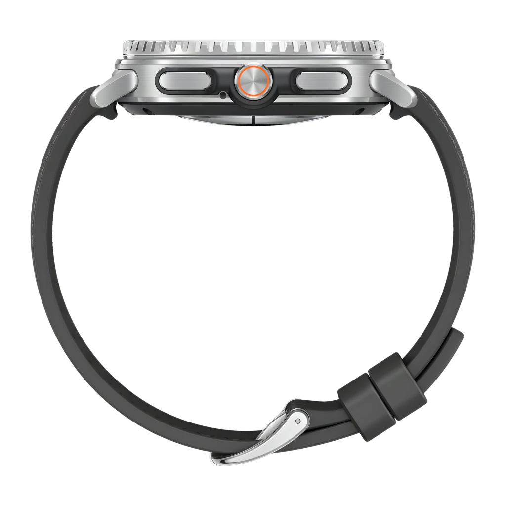 Samsung Galaxy Watch8 Classic 46mm Bluetooth Preto NFC, detalhe lateral: coroa giratória, botões e bracelete com fivela