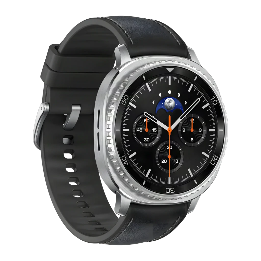 Samsung Galaxy Watch8 Classic 46mm Bluetooth Preto NFC, detalhe: moldura giratória prateada e mostrador cronógrafo com fase