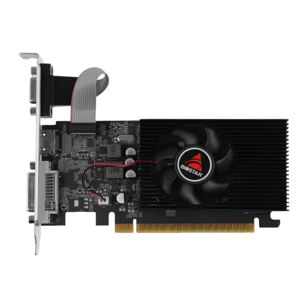 Biostar GeForce GT 730 4GB GDDR3 1 ventoinha, vista frontal: PCB preto, ventoinha com logo Biostar, dissipador e portas DVI