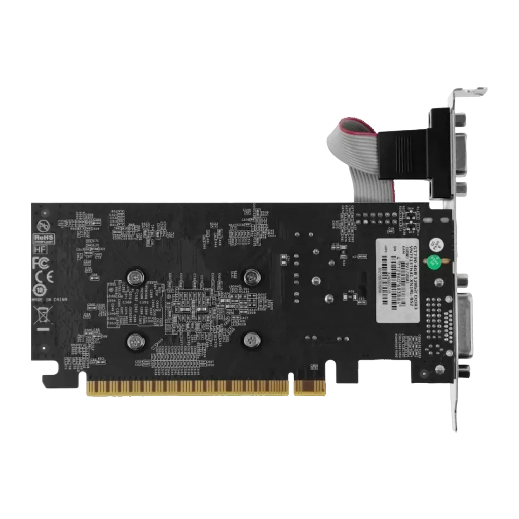 Biostar GeForce GT 730 4GB GDDR3 1 ventoinha, vista traseira: PCB preto com circuitos, conector dourado e bracket com portas