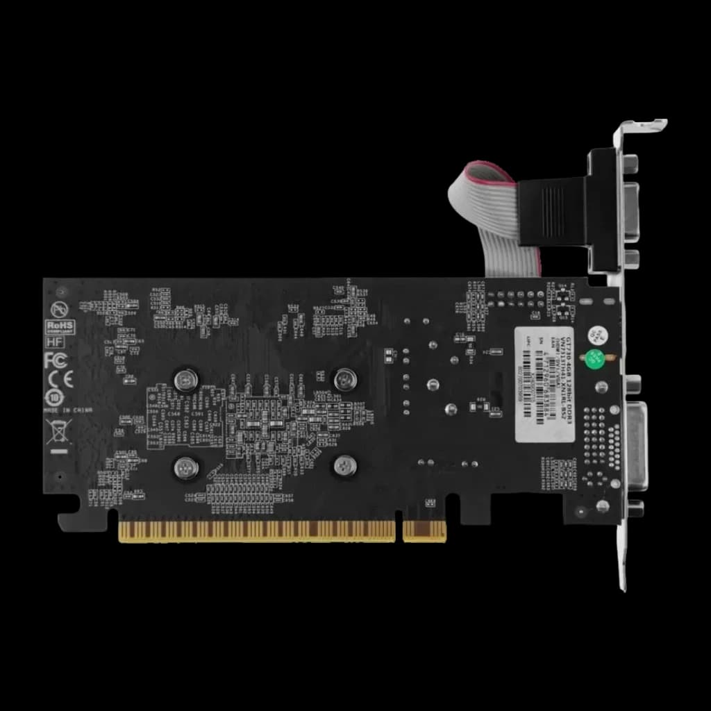 Biostar GeForce GT 730 4GB GDDR3 1 ventoinha, vista traseira: PCB preto com circuitos, conector dourado e bracket com portas