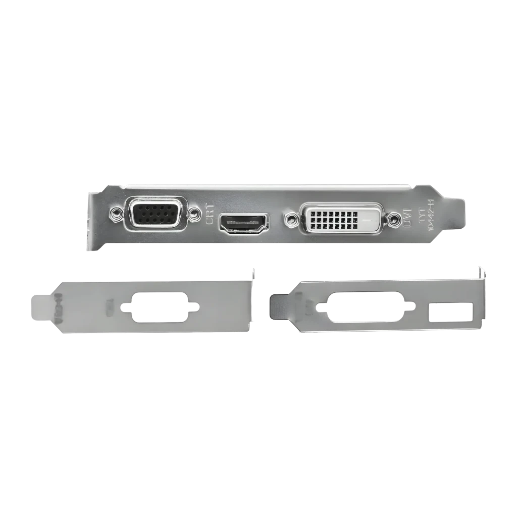 Biostar GeForce GT 730 4GB GDDR3 1 ventoinha, detalhe: bracket prateado com portas VGA, HDMI e DVI e dois brackets