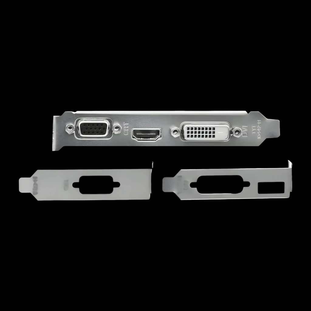 Biostar GeForce GT 730 4GB GDDR3 1 ventoinha, detalhe: bracket prateado com portas VGA, HDMI e DVI e dois brackets