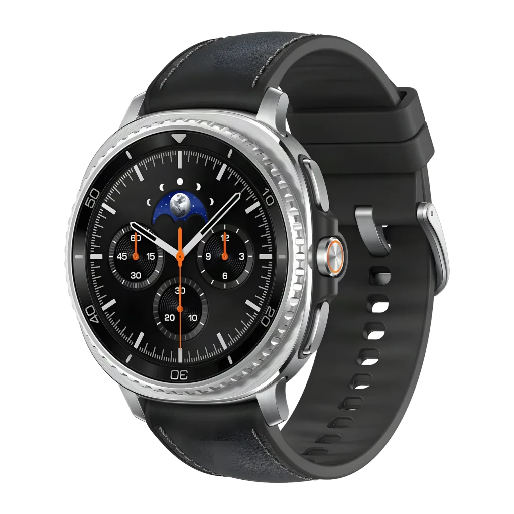 Samsung Galaxy Watch8 Classic 46mm 4G Negro LTE, vista frontal: esfera cronógrafo con fase lunar, bisel giratorio plateado