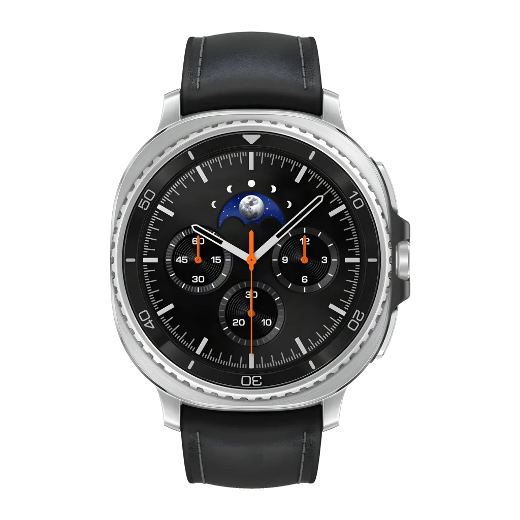 Samsung Galaxy Watch8 Classic 46mm 4G Negro LTE, detalle: esfera frontal con bisel giratorio plateado, subdiales y fase lunar