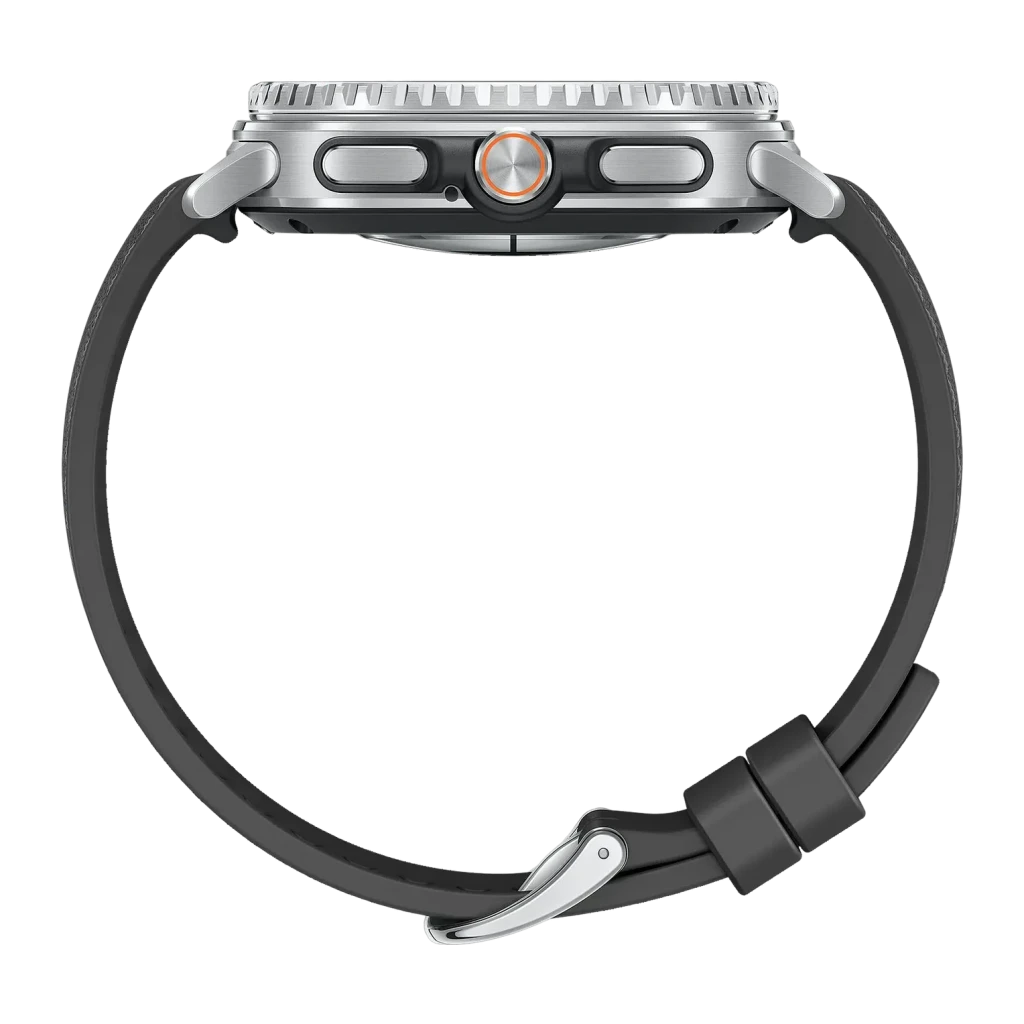 Samsung Galaxy Watch8 Classic 46mm 4G Negro LTE, detalle lateral: corona giratoria, botón naranja y correa negra con hebilla