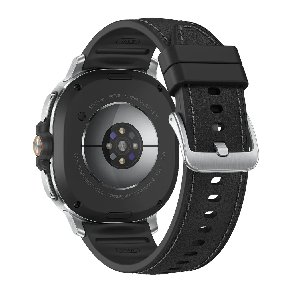 Samsung Galaxy Watch8 Classic 46mm 4G Negro LTE, vista trasera: sensor de salud con LEDs, caja plateada y correa de cuero