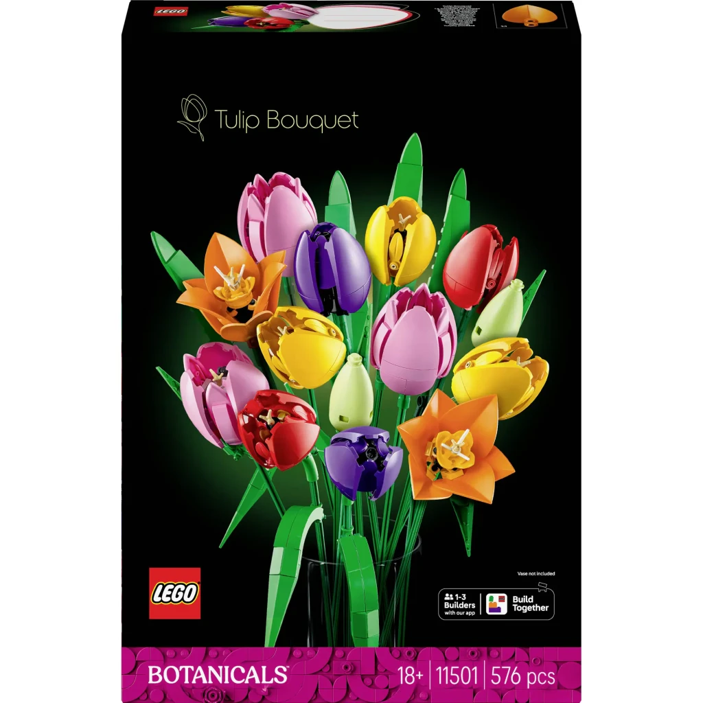 Set de construcción LEGO Botanicals Ramo de Tulipanes 11501 576 piezas, contenido de la caja: caja frontal negra
