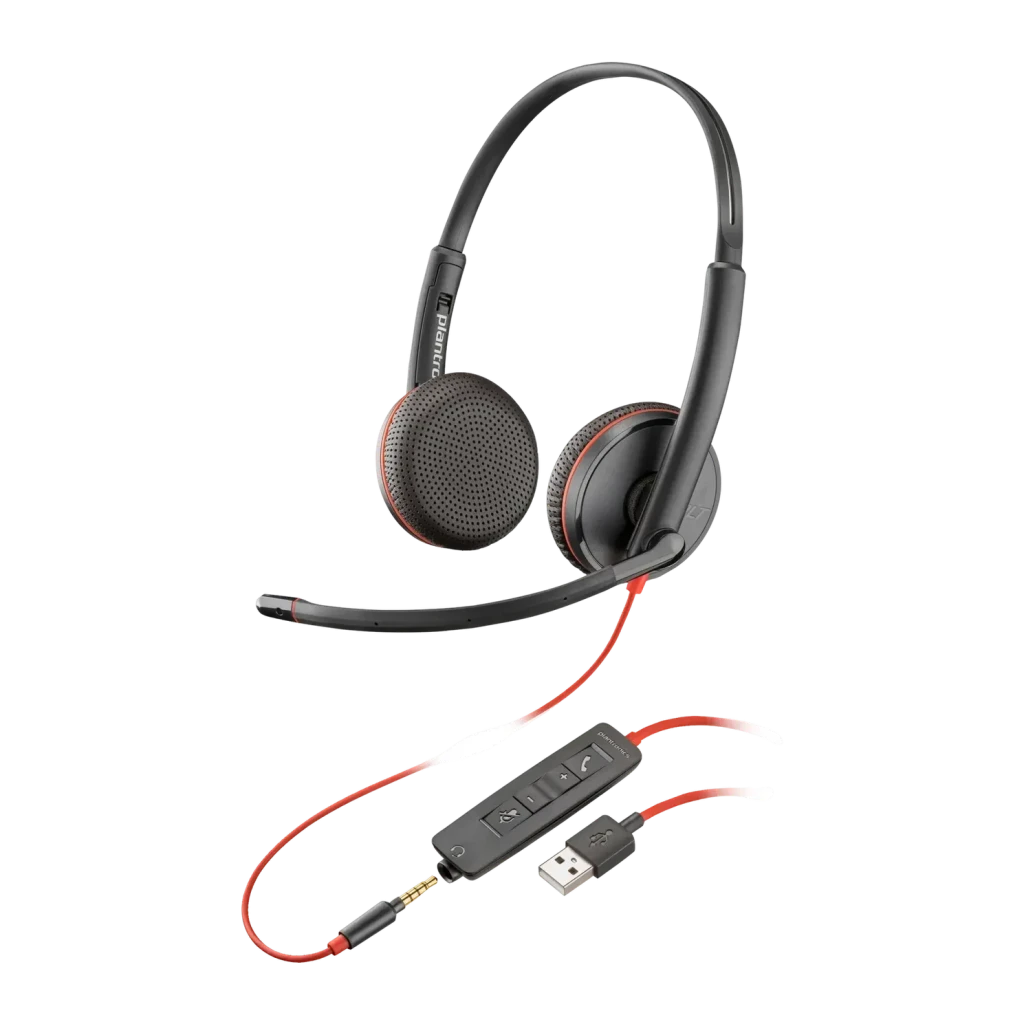 Auriculares con micrófono Poly Blackwire 3225 Stereo USB-A Diadema Negro, vista frontal: diadema binaural con almohadillas
