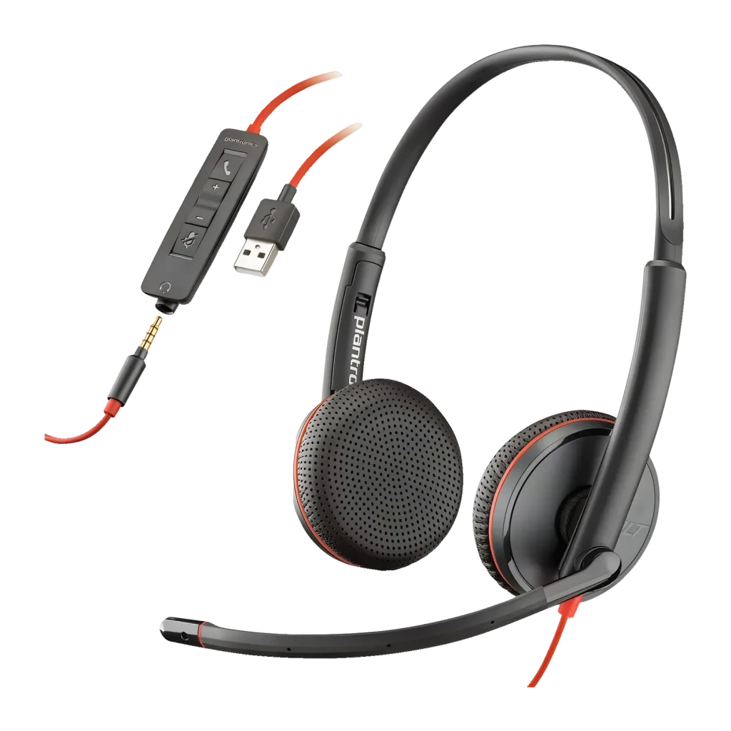 Auriculares con micrófono Poly Blackwire 3225 Stereo USB-A Diadema Negro, detalle: almohadillas con ribete rojo, brazo
