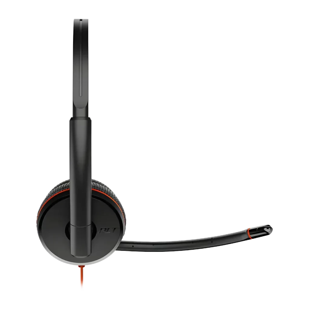 Auriculares con micrófono Poly Blackwire 3225 Stereo USB-A Diadema Negro, vista trasera: auricular izquierdo con logo PLT