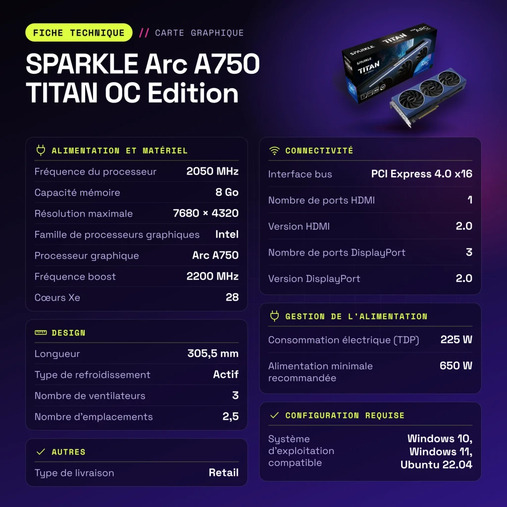 SPARKLE Arc A750 TITAN OC Edition 8 Go GDDR6 - caractéristiques