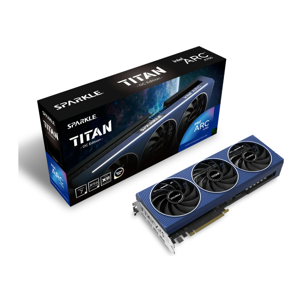 SPARKLE Arc A750 TITAN OC Edition 8 Go GDDR6, contenu de la boîte: carte bleue triple ventilateur et boîte noire TITAN