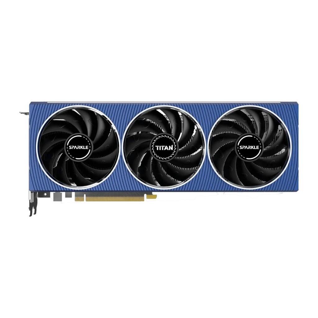 SPARKLE Arc A750 TITAN OC Edition 8 Go GDDR6, détail avant: carénage bleu strié avec trois ventilateurs noirs et logos
