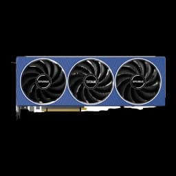 SPARKLE Arc A750 TITAN OC Edition 8 Go GDDR6, détail avant: carénage bleu strié avec trois ventilateurs noirs et logos